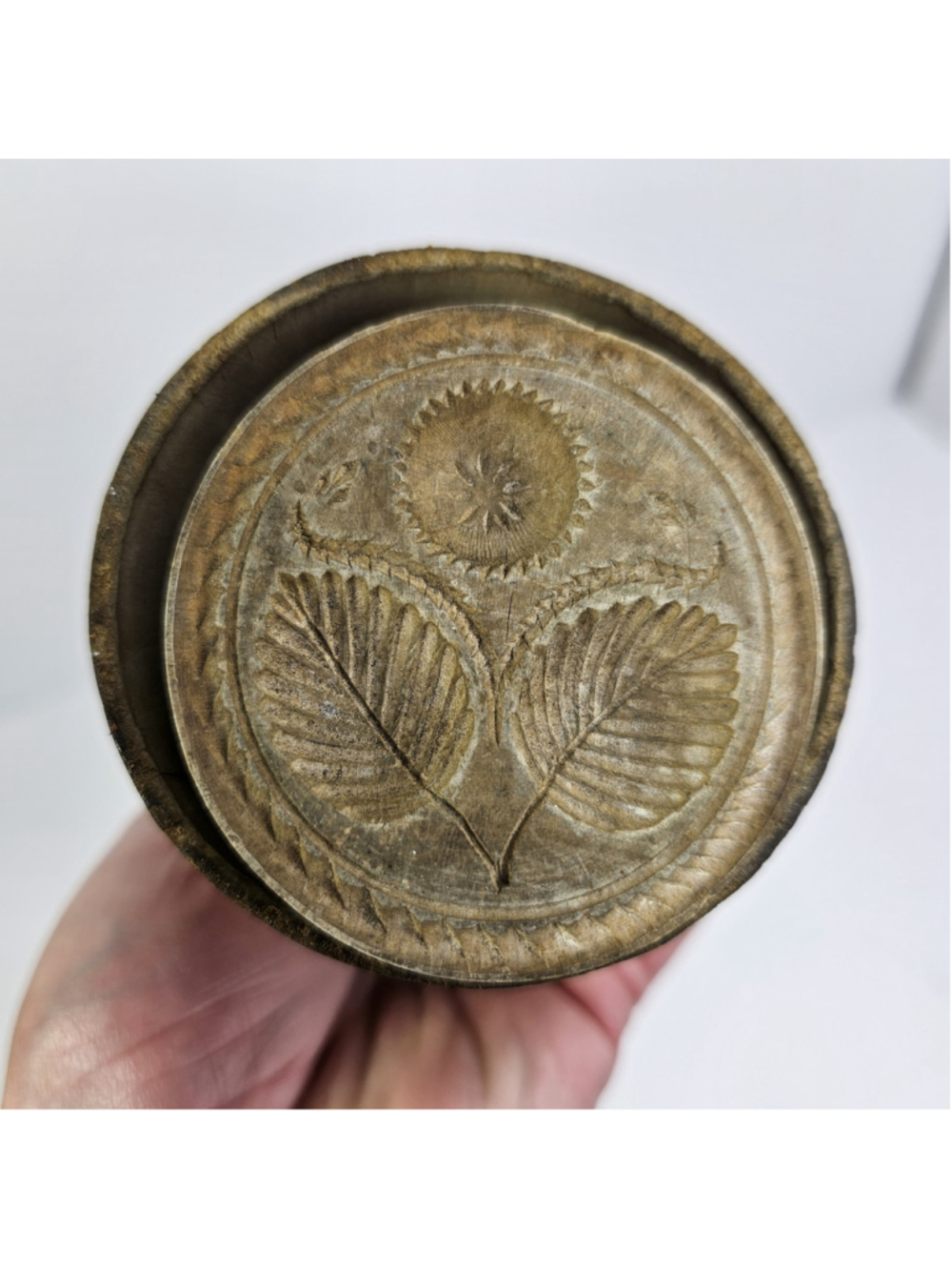 Vintage Wooden Butter Mold Press Floral Folk Art Carved Round Primitive Kitchen